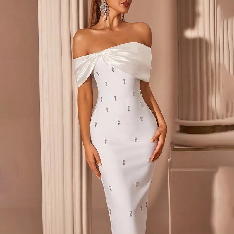 French Strapless Diamond Tube Top Floor-Length Bodycon Dress — White | KIMLUD