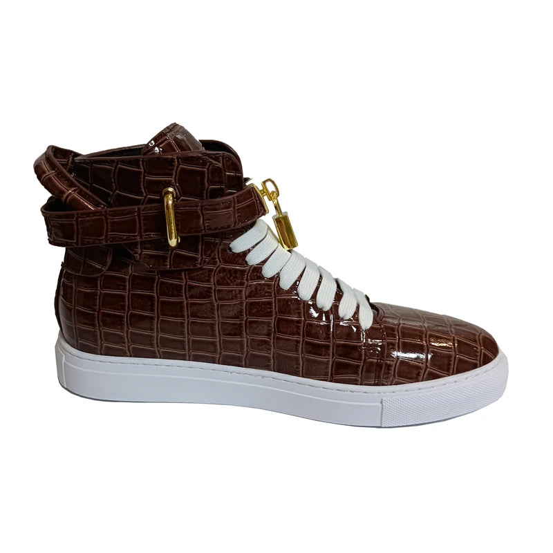 High Top Sneakers – Gold Buckle – Crocodile Pattern Leather | KIMLUD