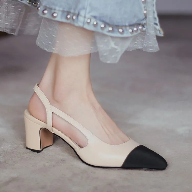 Genuine Leather Slingback Pumps Cap Toe — Beige Nude | KIMLUD