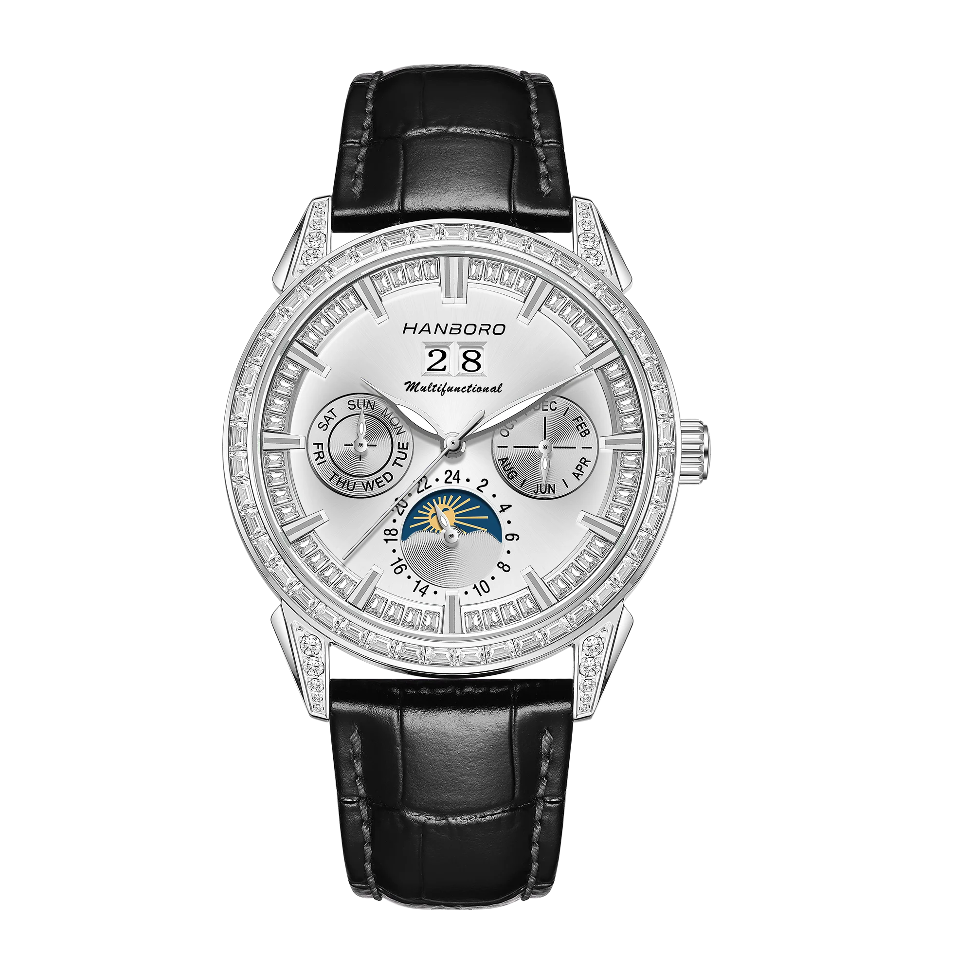 HANBORO Men's Luxury Automatic Mechanical Sports Watch Hollow Pointer Full Diamonds Calendar Luminous Stainless Steel