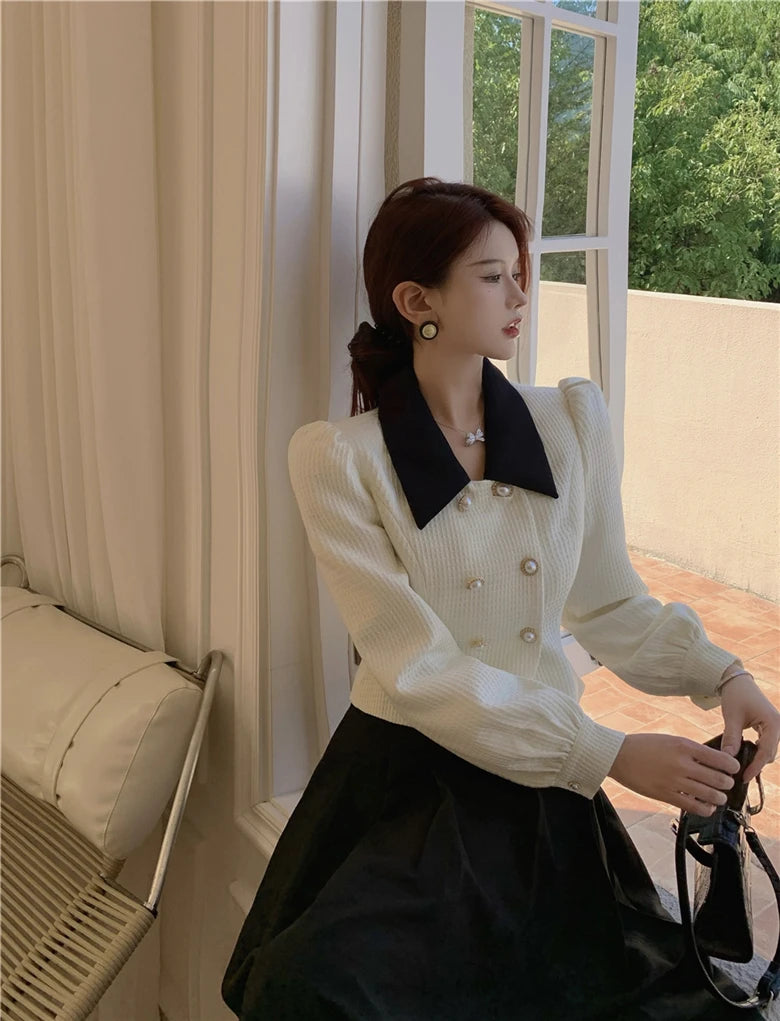 2023 Spring Elegant Two Piece Set Women Casual Slim Korean Coat + Black Pleated Gothic Vintage Midi Skirt Office Lady Skirt Srts