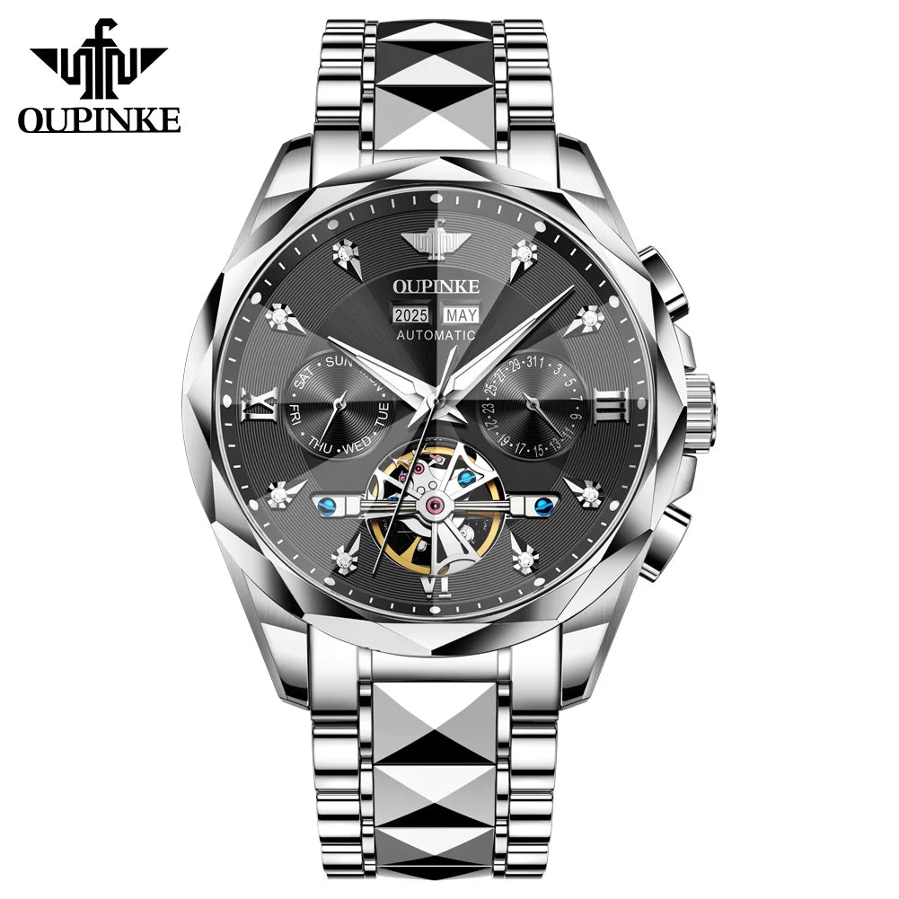 Oupinke 3316 Oem logo Hollow Design Business Tourbillon Waterproof Stainless Steel Luminous Automatic Mechanical Watch for Man
