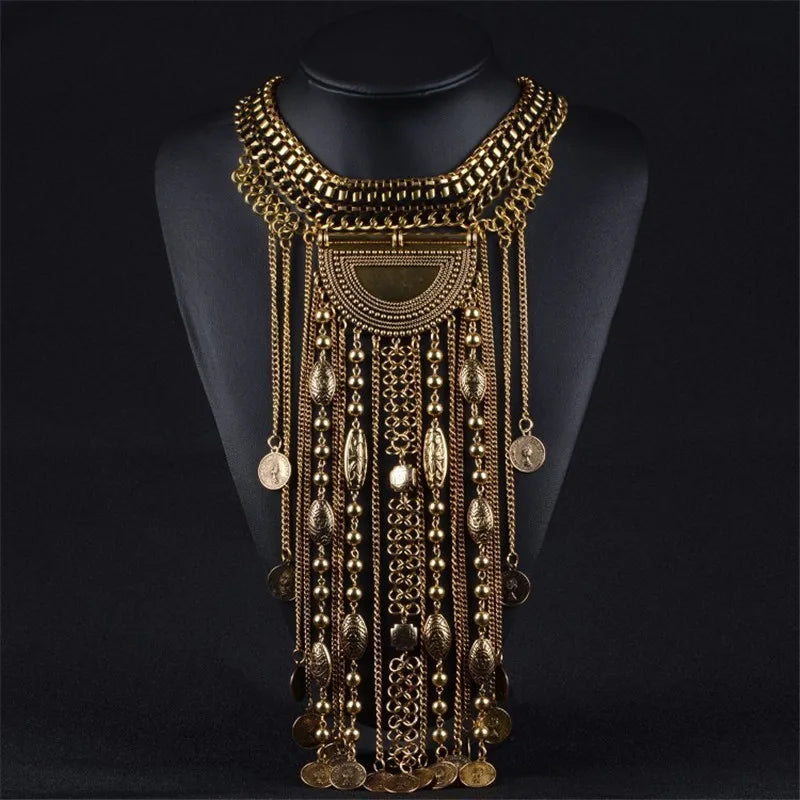 Fashion Maxi Long Tassel Statement Necklace Women Boho Indian Ethnic Vintage Coin Big Chunky Collar Necklaces Ladies Jewellery
