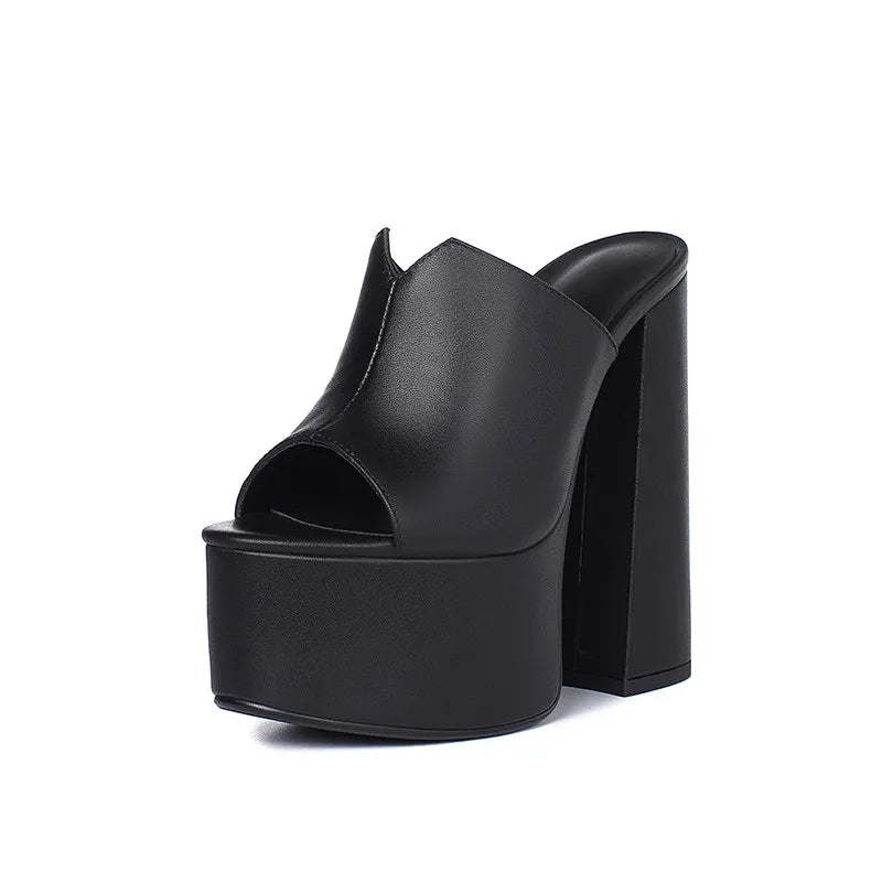 Genuine Leather Sandals Platform 8cm Heel — Black | KIMLUD