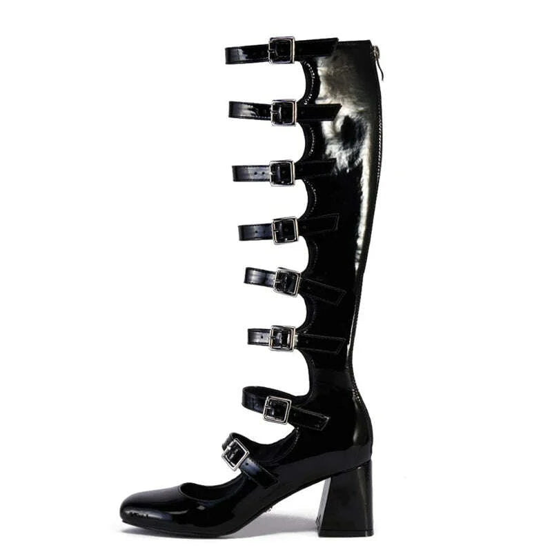 KIMLUD, Summer Belt Buckles Women Knee High Boots Chunky Heels Patent Long Booties Sexy Square Toe Back Zipper Sandals Shoes, KIMLUD Womens Clothes