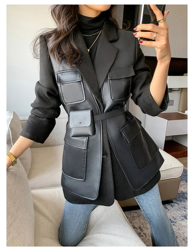 Patchwork Leather Jacket – Pockets – Faux Leather PU – Black | KIMLUD