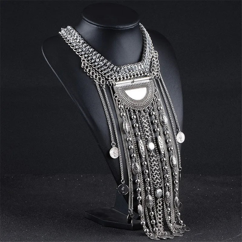 Fashion Maxi Long Tassel Statement Necklace Women Boho Indian Ethnic Vintage Coin Big Chunky Collar Necklaces Ladies Jewellery