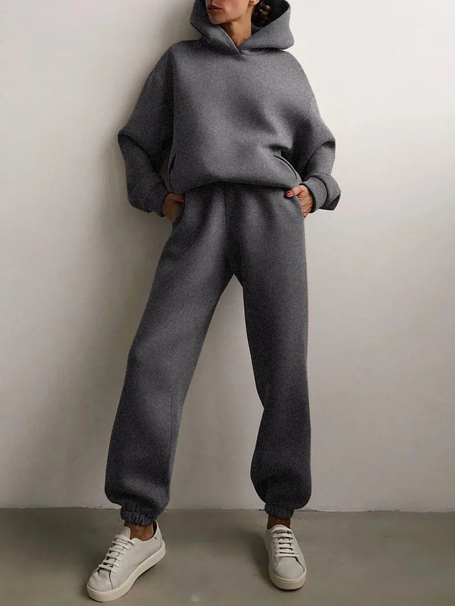 Fleece Hooded Tracksuit Two-Piece Set — Teal | KIMLUD