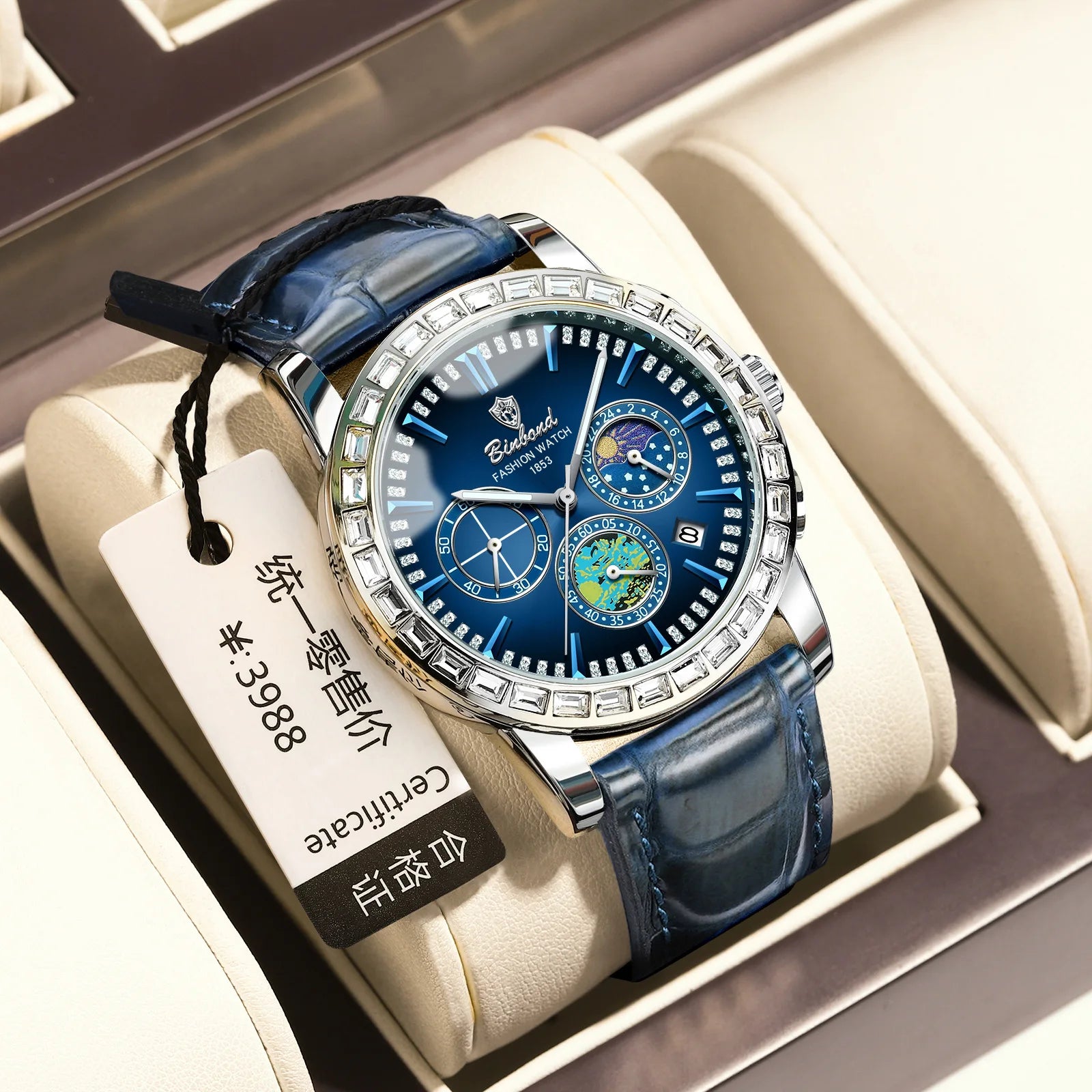 Stainless Steel Moon Phase Dial Watch — Silver | KIMLUD