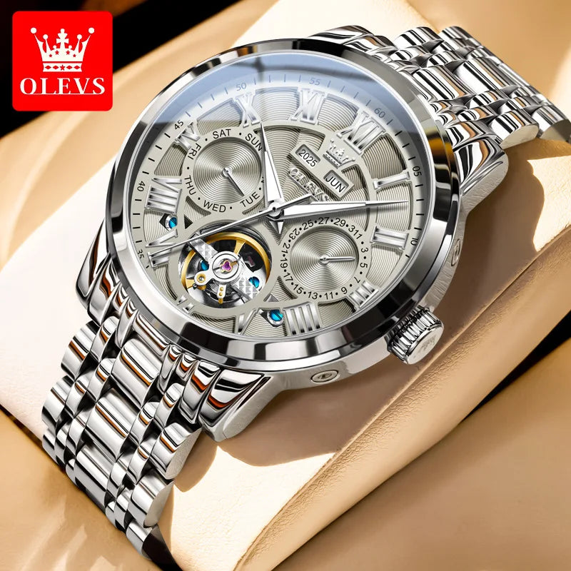 Stainless Steel Watch Moon Phase Luminous Tourbillon Automatic — Cobalt Blue | KIMLUD
