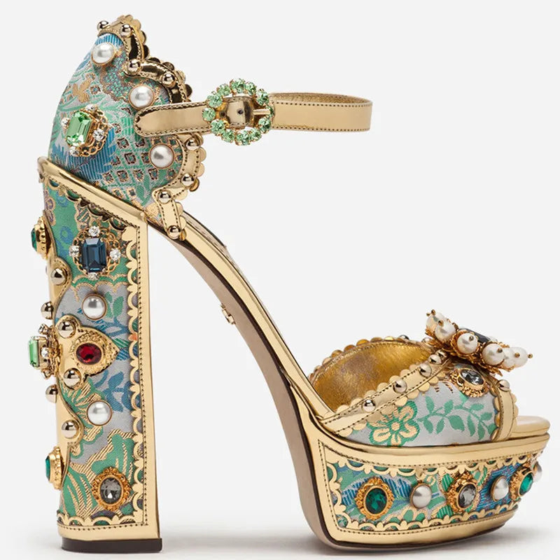 Gladiator Crystal-Embroidered Platform Sandals — Gold | KIMLUD