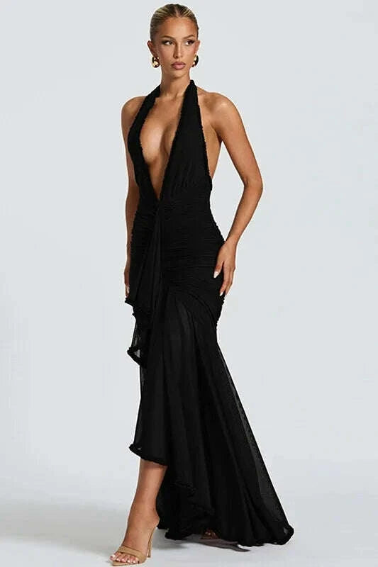 KIMLUD, Elegant High-End Flowy Tulle Maxi Evening Gown with Ultra-Deep V-Neck & Backless Design Sexy Allure, KIMLUD Womens Clothes