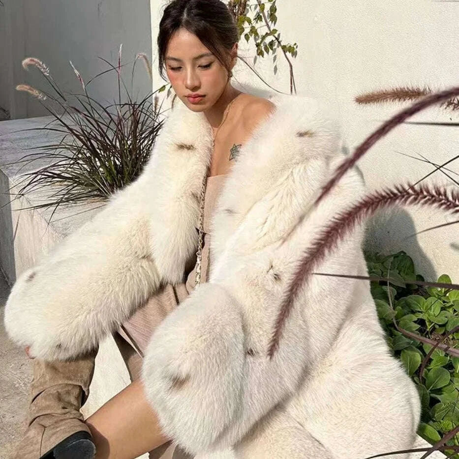 KIMLUD, Women's Full Leather Fox Fur Coat with Midi Loose Spotted Design Shawl Collar Winter Casual Print Outerwear, KIMLUD Womens Clothes