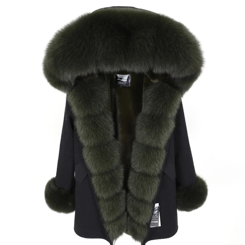 Maomaokong Winter Women Luxur Beige Fur Coat Natural Real Fox Fur Waterproof Jacket Hooded Thick Warm Fashion Long Black Parkas