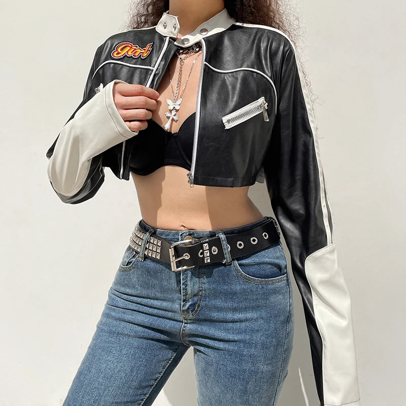 Darlingaga Streetwear Punk Style Patchwork Cropped PU Leather Jacket Women Zipper Autumn Winter Jacket Contrast Color Basic Coat