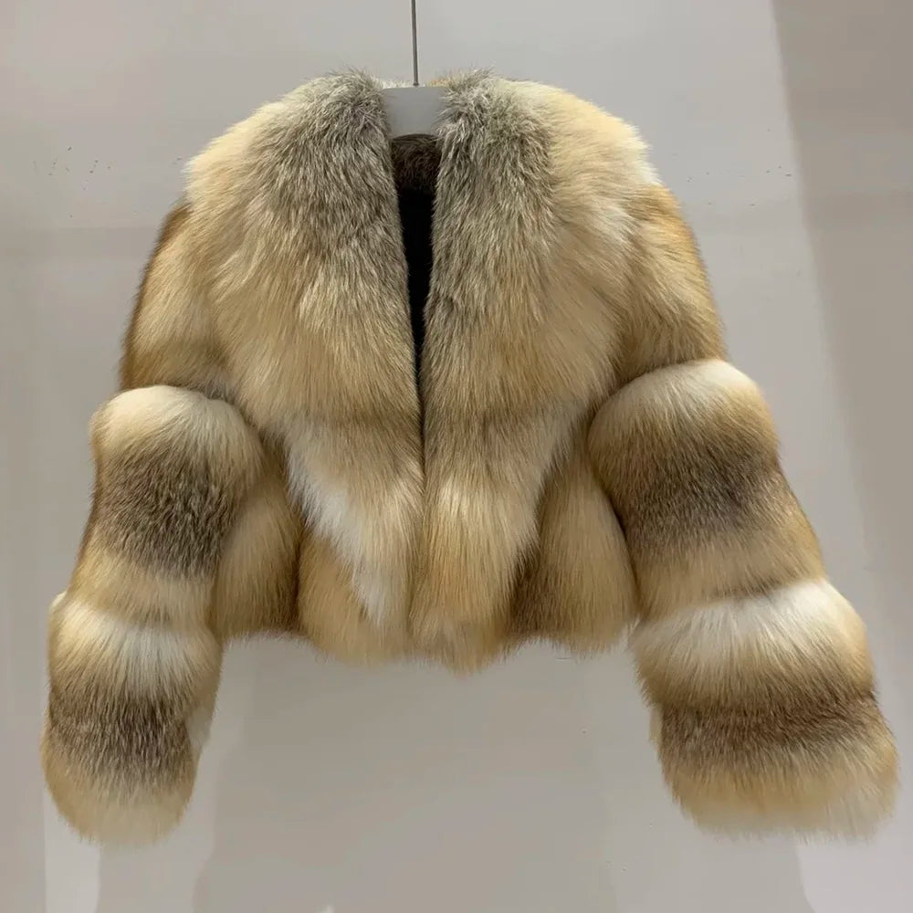 Top Luxury Full Pelt 100% Natural Riches Golden Island Fox Fur Skin Crop Top Coat