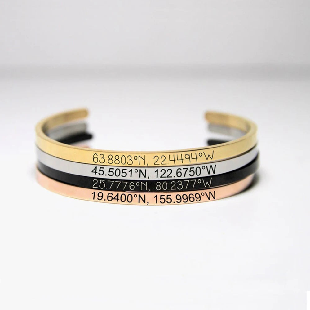 Stainless Steel Engraved Name Text Heart Cuff — Silver | KIMLUD