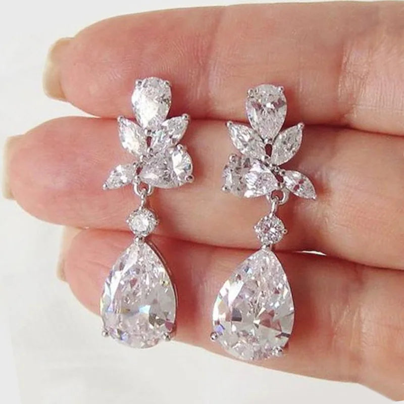 Crystal Drop Earrings Cubic Zirconia Bling — Silver | KIMLUD