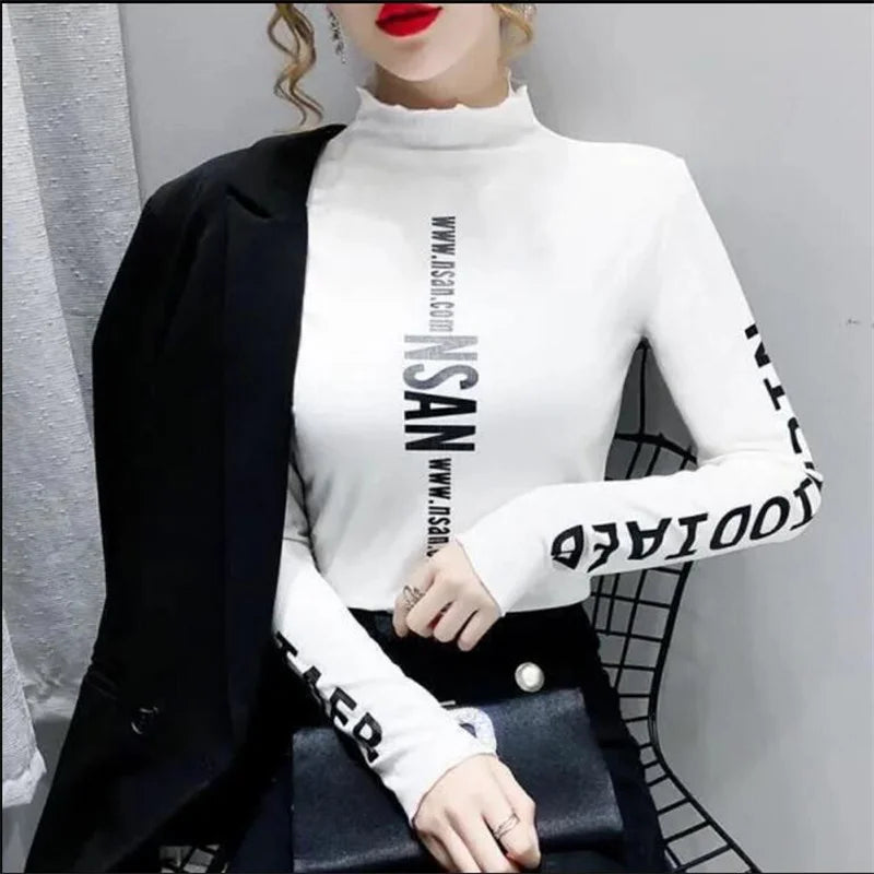 Turtleneck T-Shirt – Elastic Inner – Broadcloth – White | KIMLUD