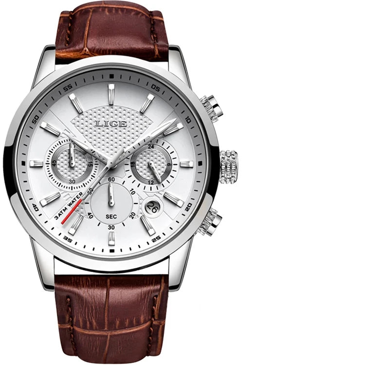 For LIGE 9866 New Men's Fashion Sport Quartz Watch Waterproof Business Dial Pointer Brand Leather Strap Alloy Relogio Masculino