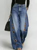 Denim Jeans Baggy Straight High Waist With Gold Eyelet Detailing And Subtle Draping — Blue | KIMLUD