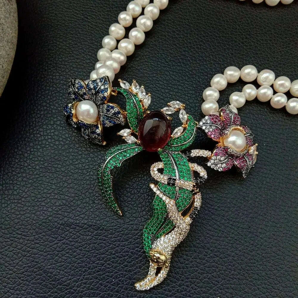 21-2-rows-white-round-freshwater-pearl-necklace-cz-pave-annimal-flower-monkey-gold-color-plated-pendant-luxury-wedding-kimlud-kimlud-33912906