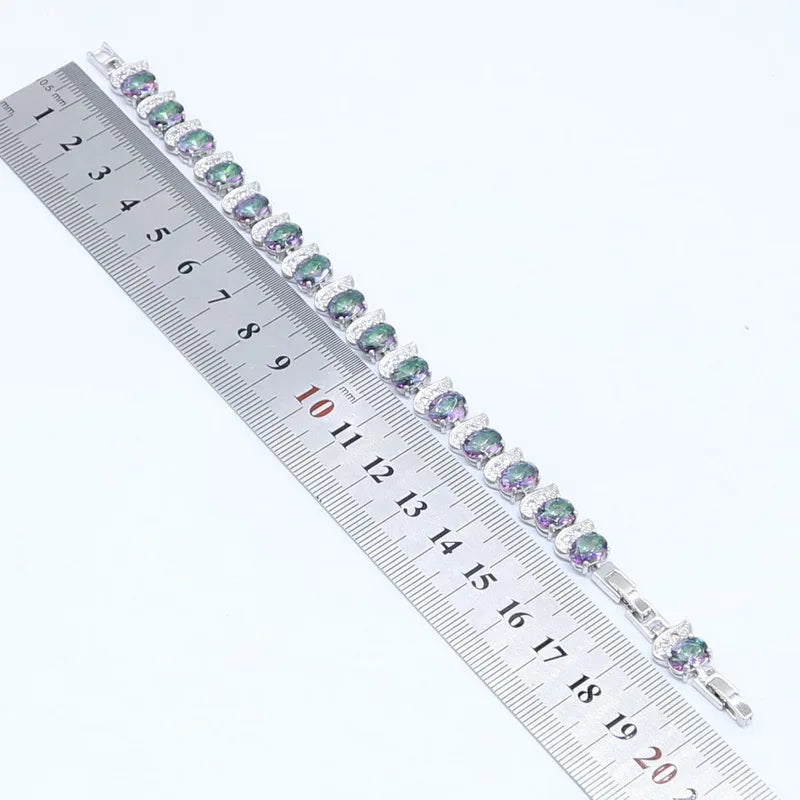 925 Stamp Jewelry Sets For Women Multi Color Rainbow Zircon Bracelet Hoop Earrings Rings Necklace Pendant Wedding Gift Box