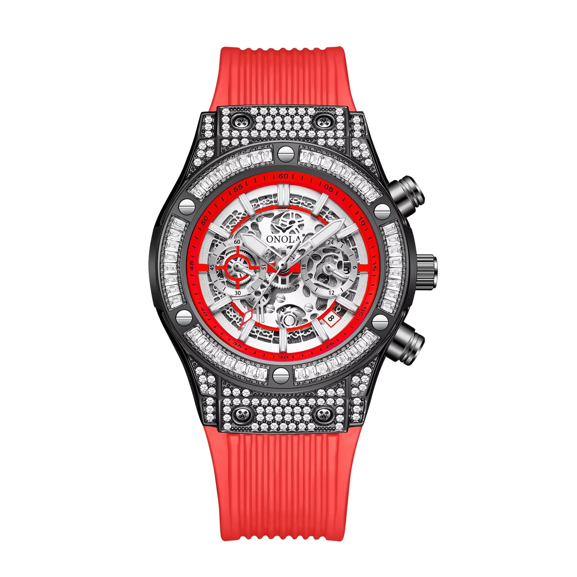 Silicone Strap Watch Quartz Round Dial 44mm Alloy Case 3ATM Luminous Hands — Red | KIMLUD