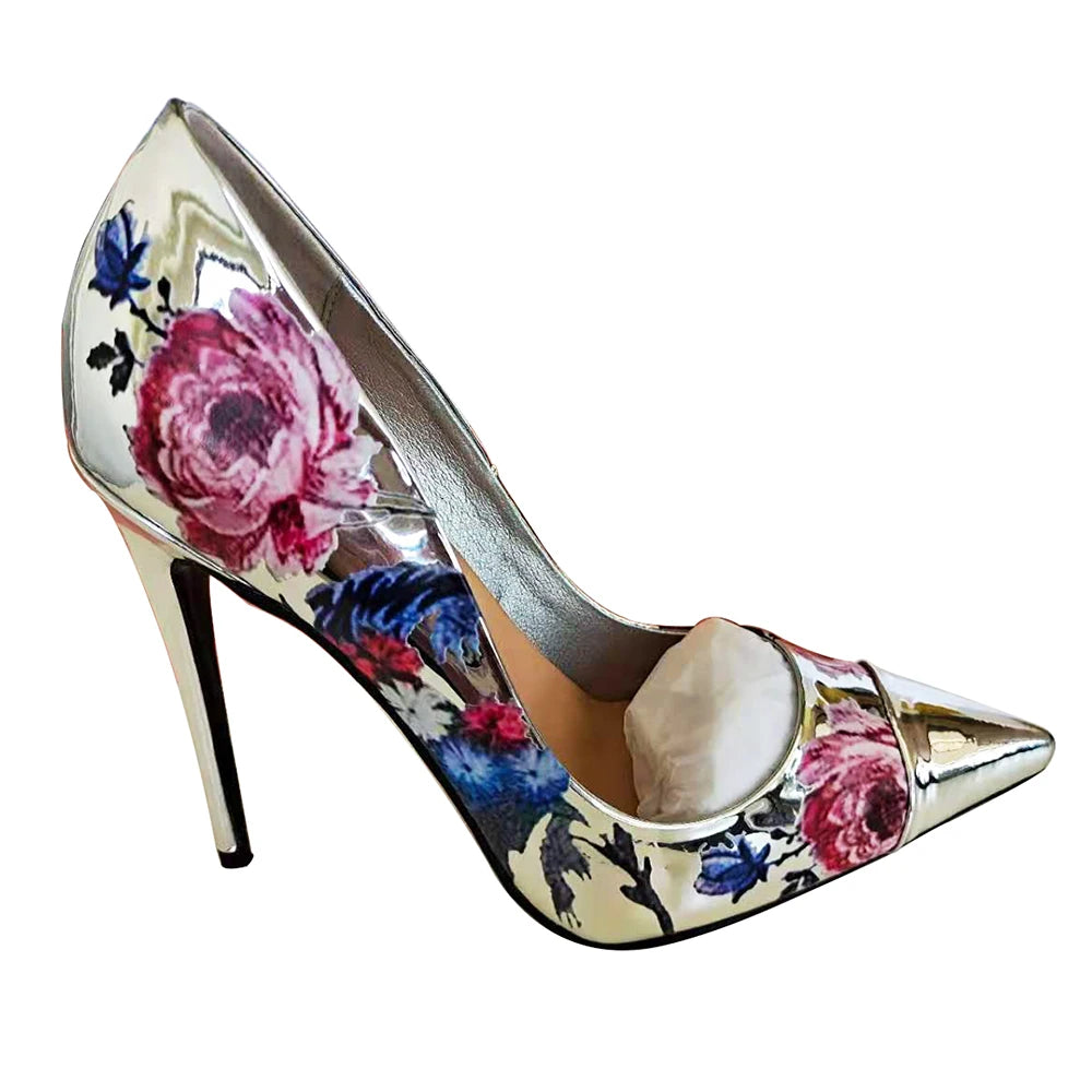 Patent Leather High Heels Pointed Toe With Intricate 3D Flower Motif — Silver | KIMLUD
