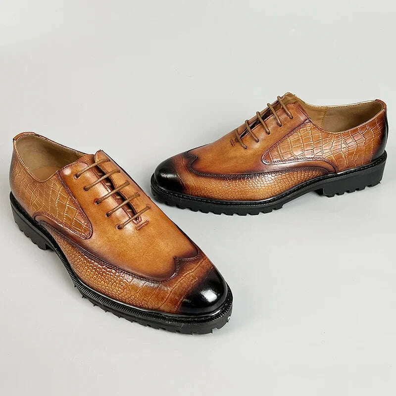 KIMLUD, Men Dress Formal Shoes Genuine Leather Office Shoe for Business Social Elegant Handmade Printing Oxfords Lace up Shoes, KIMLUD Womens Clothes
