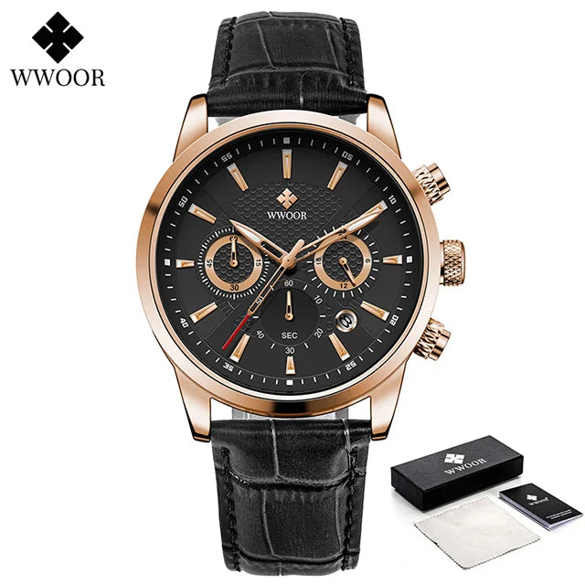 2024 New WWOOR Design Men Watches Top Brand Luxury Waterproof Leather Quartz Wristwatch Sports Chronograph Relogio Masculino+Box