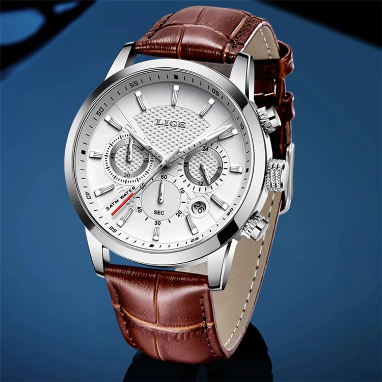For LIGE 9866 New Men's Fashion Sport Quartz Watch Waterproof Business Dial Pointer Brand Leather Strap Alloy Relogio Masculino