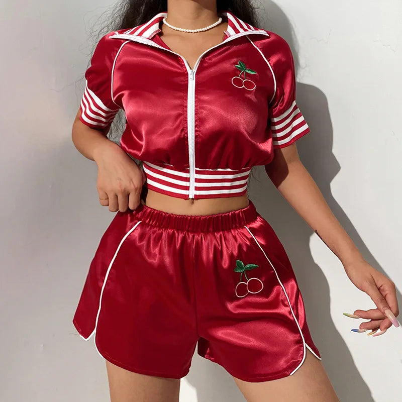 Hot Sale Women Tracksuit Fashion Cherry Embroidery Zipper Crop Top Two Pieces Short Set Sports Wear for Women