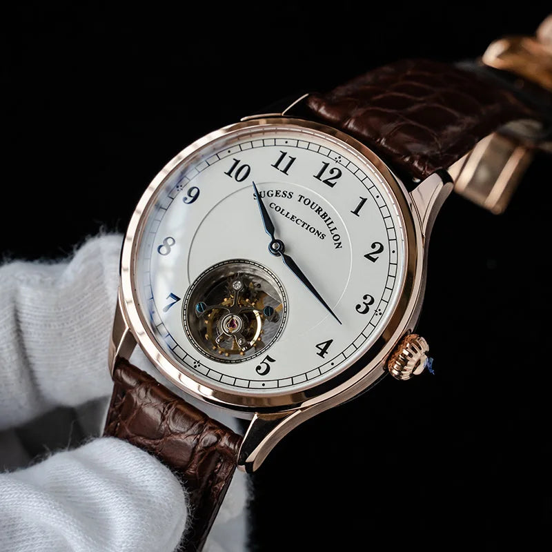 Rose-Gold Skeleton Tourbillon Mechanical Wristwatch — Brown | KIMLUD