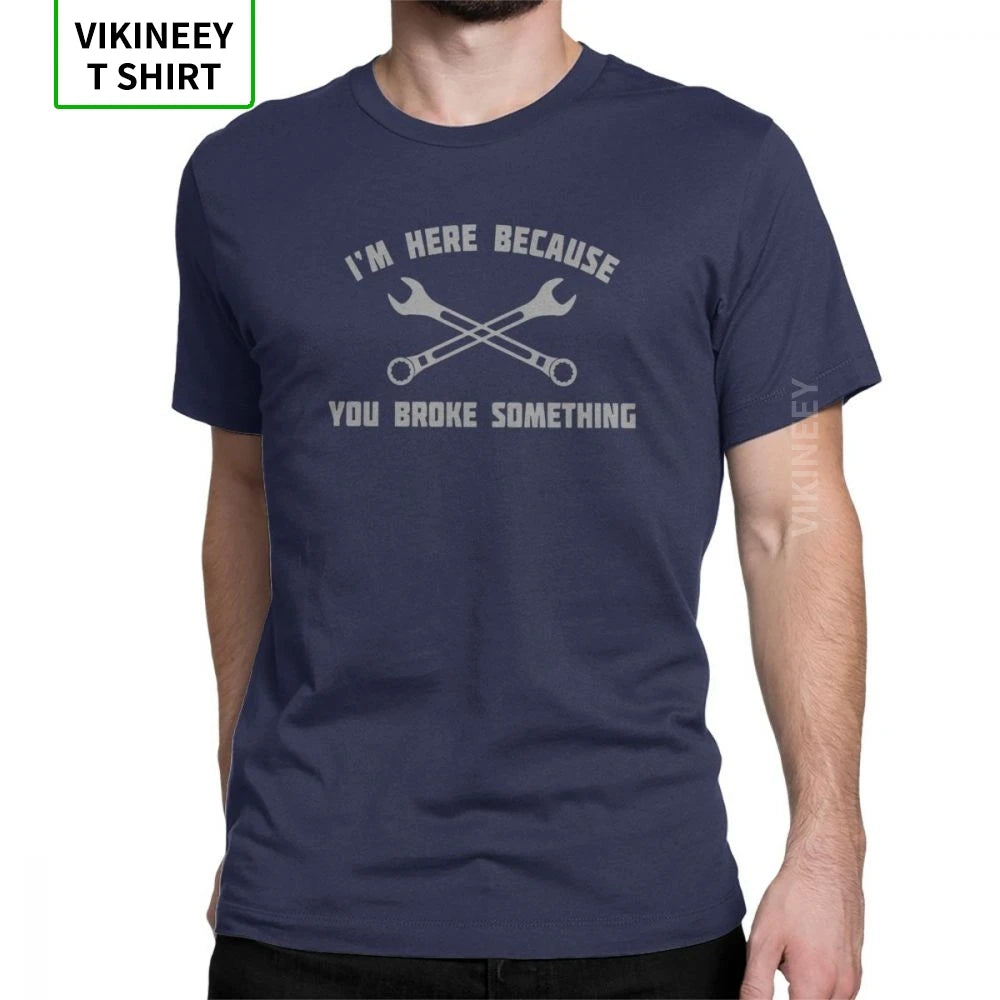 Men's T Shirt – Mechanic Car Print – Cotton Short Sleeve – Black | KIMLUD