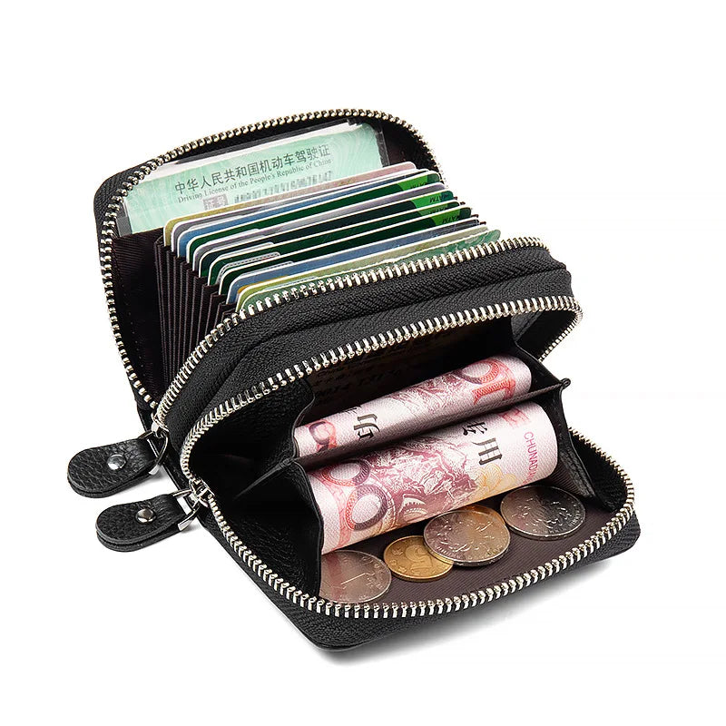 Genuine Leather Wallets RFID Blocking Double Zipper — Black | KIMLUD