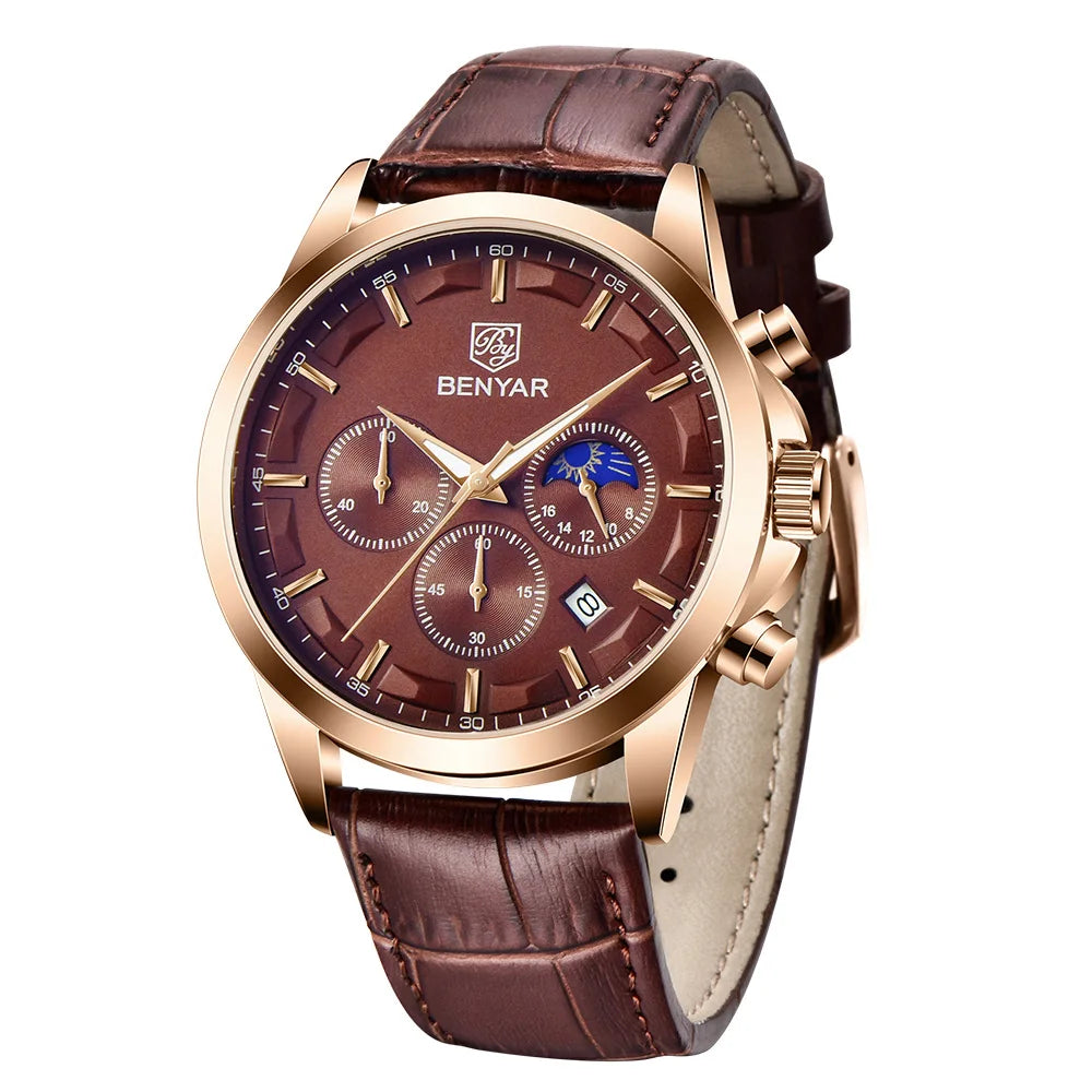 BENYAR 5160 Top Brand Men Quartz Wristwatches Fashion Sport Chronograph Watch Leather Waterproof Watch Men Reloj Hombre