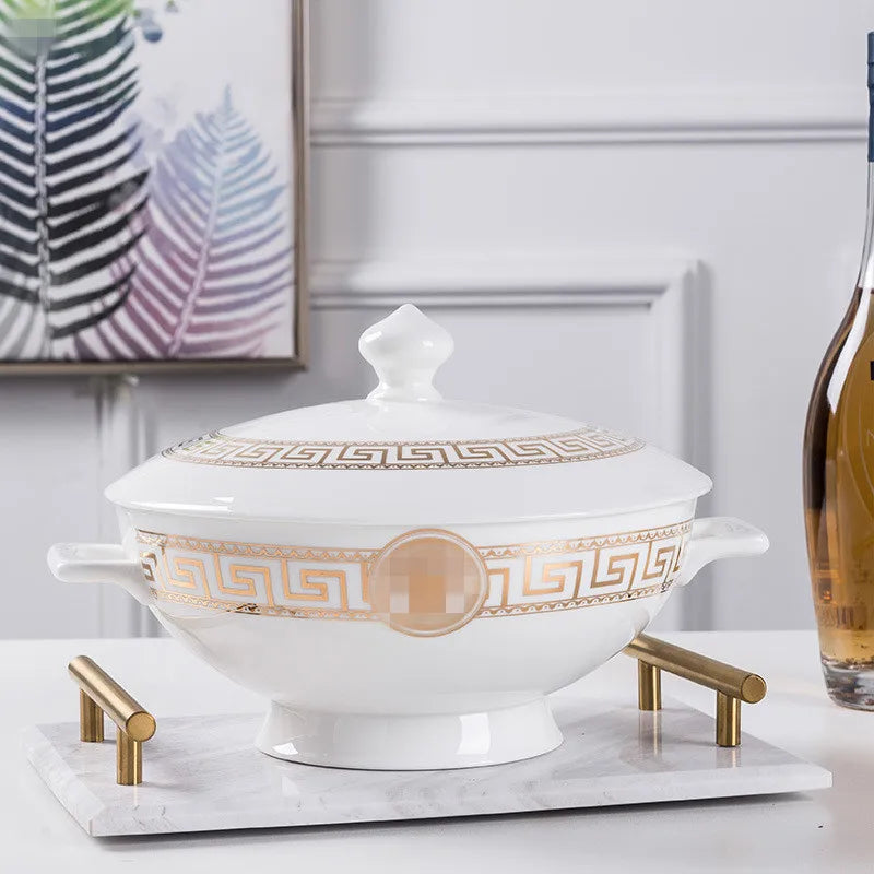 Bone China Dinnerware Set Minimalist Geometric Rim — Gold and White | KIMLUD