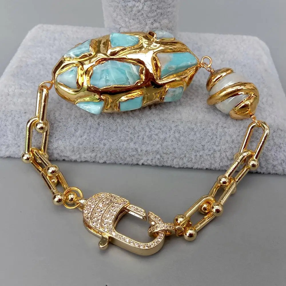 Gold Plated Chain Larimar Chips Bracelet — Blue | KIMLUD
