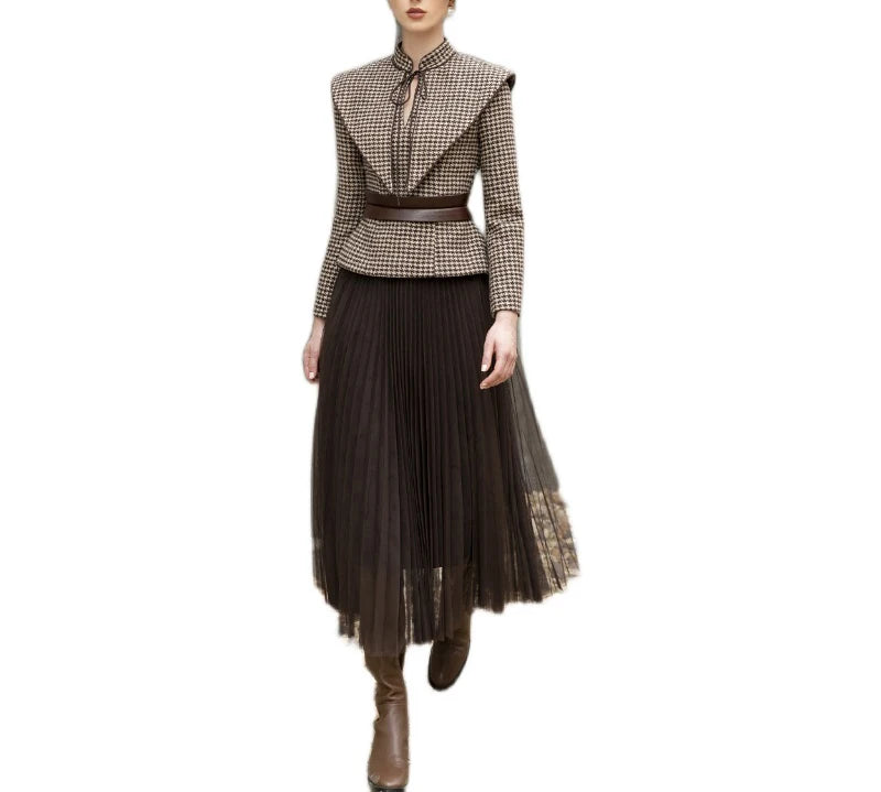 tailor shop Retro Slim and thin dark brown houndstooth winter female light luxury top and skirt Semi-Formal Dresses