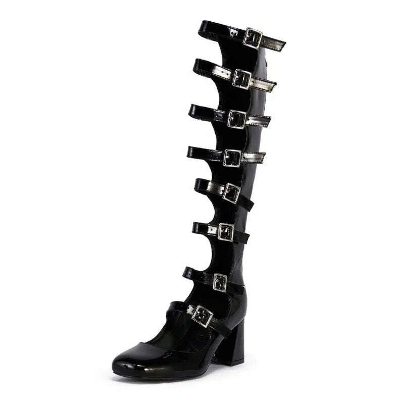 KIMLUD, Summer Belt Buckles Women Knee High Boots Chunky Heels Patent Long Booties Sexy Square Toe Back Zipper Sandals Shoes, KIMLUD Womens Clothes