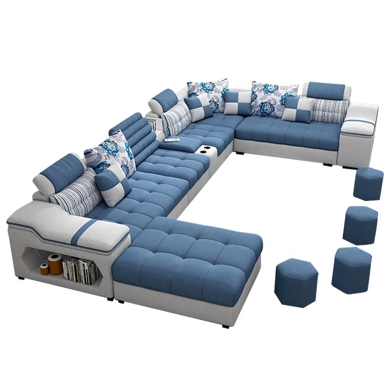 Modern Storage Compartment U Shaped Sectional 7 Seater Latex Luxury Furniture Living Room Fabrics Sofas Sets Supplier