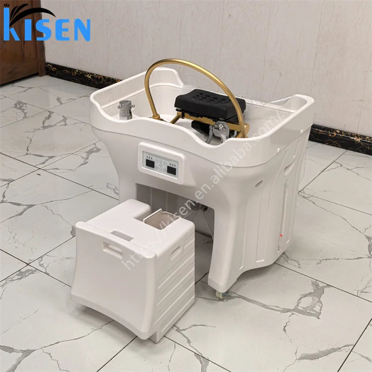 PU Leather Hair Washing Bed Integrated Basin On Wheels — White | KIMLUD