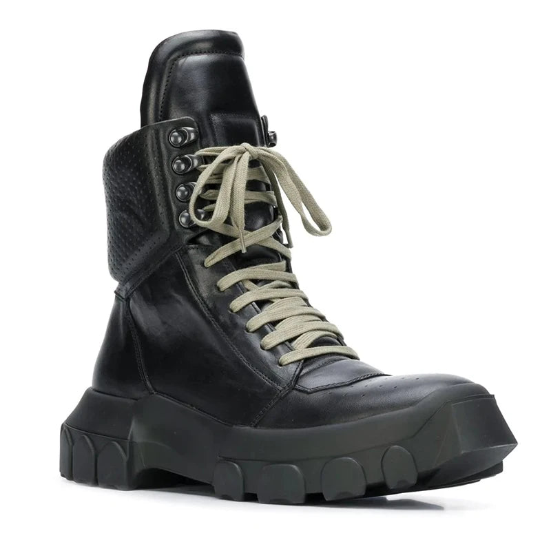 Punk Winter Men Lace Up Tactical Platform Ankle Boots Med Heels Platform Work Safety Shoes Army Genuine Leather Boots Homme