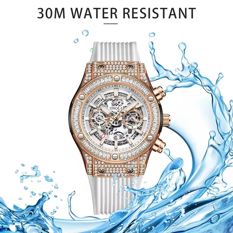 Diamond Dial Silicone Strap Automatic Watch — Black | KIMLUD