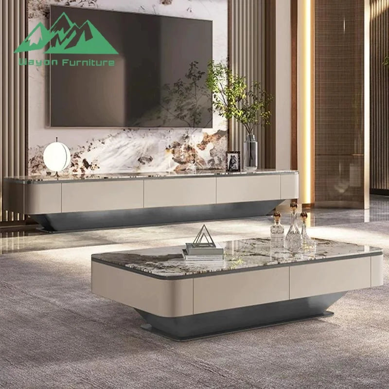 Wooden TV Stand & Coffee Table With Panel Feature — Custom Color | KIMLUD
