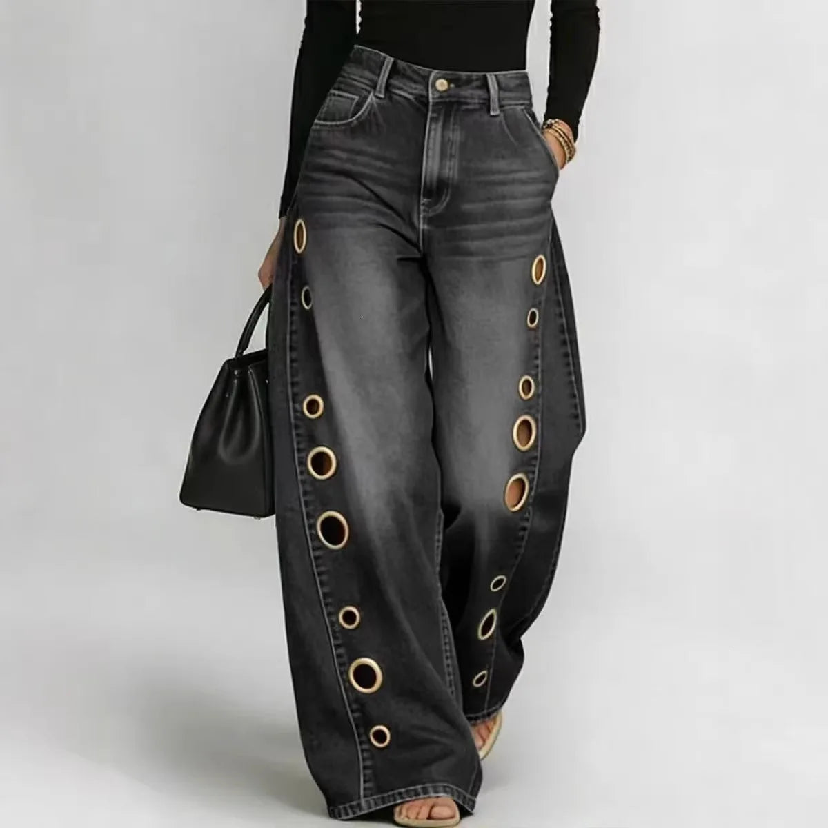 Denim Jeans Baggy Straight High Waist With Gold Eyelet Detailing And Subtle Draping — Blue | KIMLUD