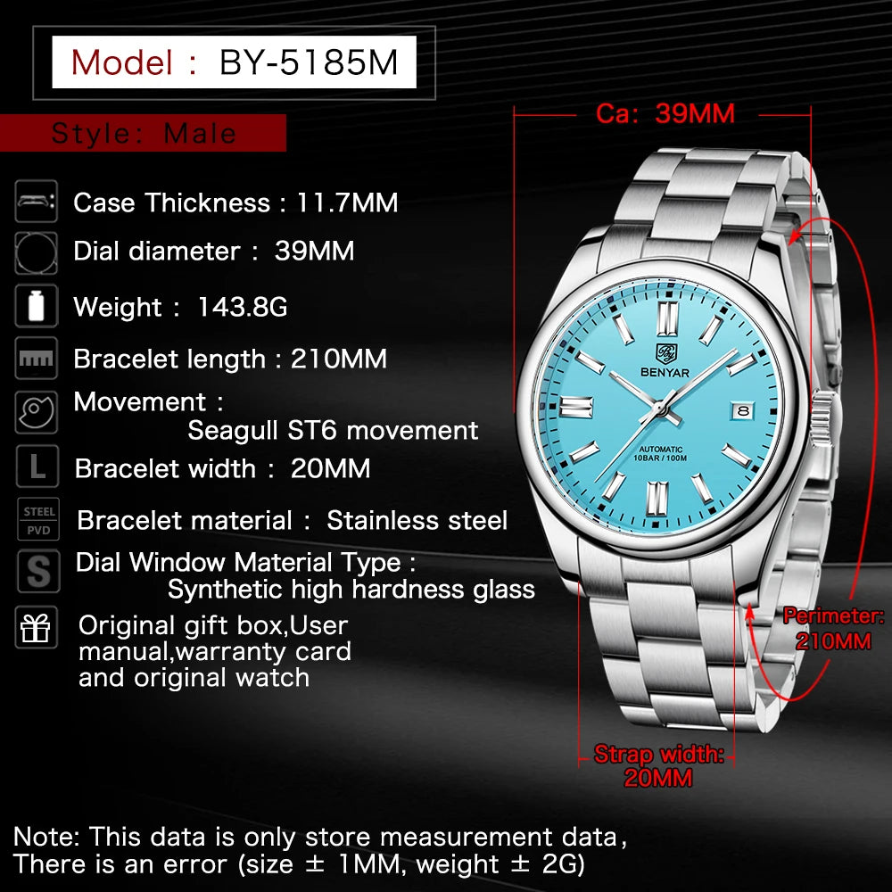 BENYAR Top Brand New Men Mechanical Wristwatches Stainless Steel Sports Automatic Watch 10Bar Waterproof Diving Watch for Men