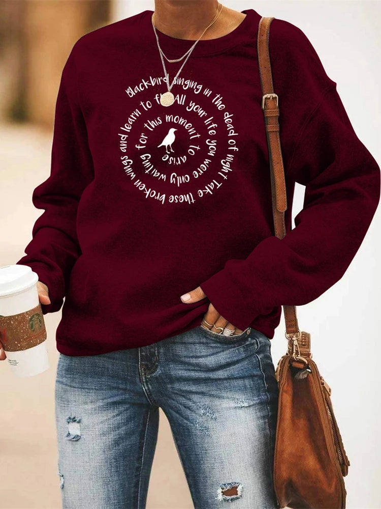 Women Crewneck Sweatshirt - Letter Print - Cotton Polyester - Black | KIMLUD