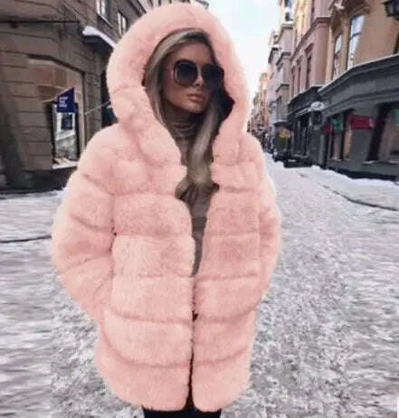 KIMLUD, Fengguilai Fashion Luxury fake Fur Coat Women 80 CM Long Natural Fox Fur Jacket With Big Fur Hood Full Sleeve Winter Thick Fur, KIMLUD Womens Clothes
